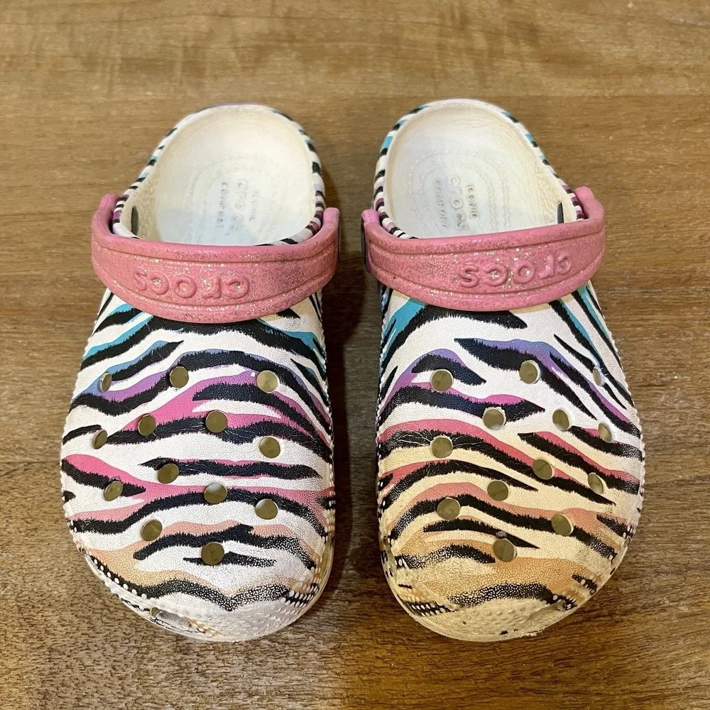 Crocs Kids C12 Classic Zebra Animal Print Clogs Pink Glitter Strap Slip On Shoes